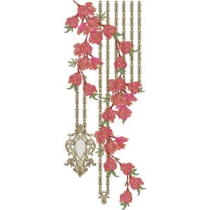 Elegant Hanging Floral Neckline Embroidery Design with Pink Blossoms and Ornamental Chains