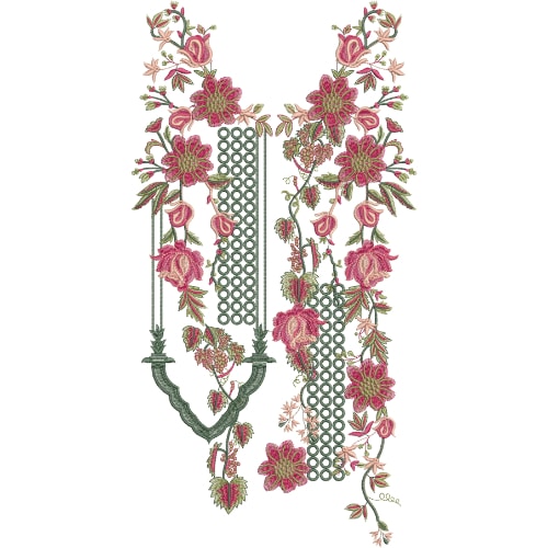 Stylish V-Neck Floral Embroidery Design with Geometric Panel and Pink Blossom Vines