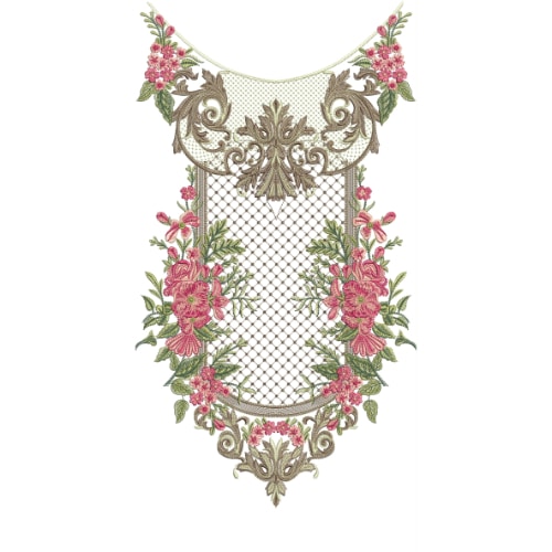Royal Net Style Floral Neckline Embroidery Design with Pink Roses and Vintage Ornament