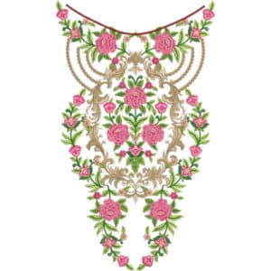 Royal Baroque Floral Neckline Embroidery Design with Pink Roses and Pearl Chain Detail