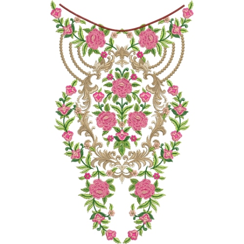 Royal Baroque Floral Neckline Embroidery Design with Pink Roses and Pearl Chain Detail