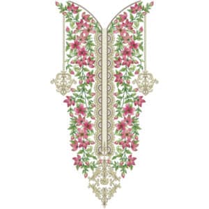 Elegant V-Shape Floral Neckline Embroidery Design with Pink Blossom Vines and Ornamental Border