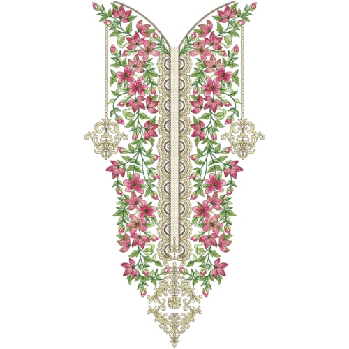 Elegant V-Shape Floral Neckline Embroidery Design with Pink Blossom Vines and Ornamental Border