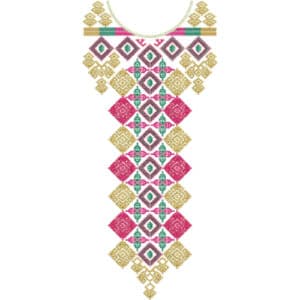 Traditional Geometric Ethnic Neckline Embroidery Design with Diamond Pattern and Vibrant Colors