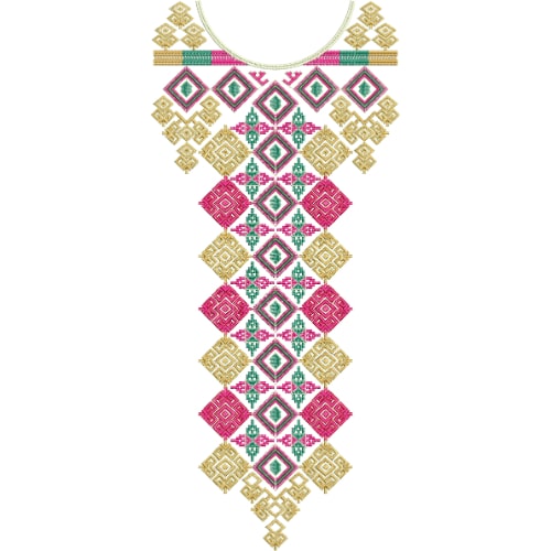 Traditional Geometric Ethnic Neckline Embroidery Design with Diamond Pattern and Vibrant Colors