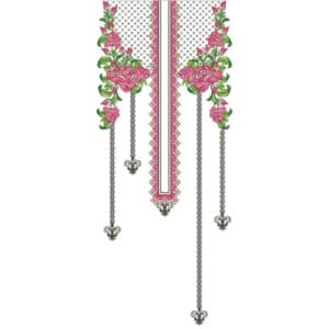 Stylish Floral Panel Neckline Embroidery Design with Rose Clusters and Hanging Chain Detail