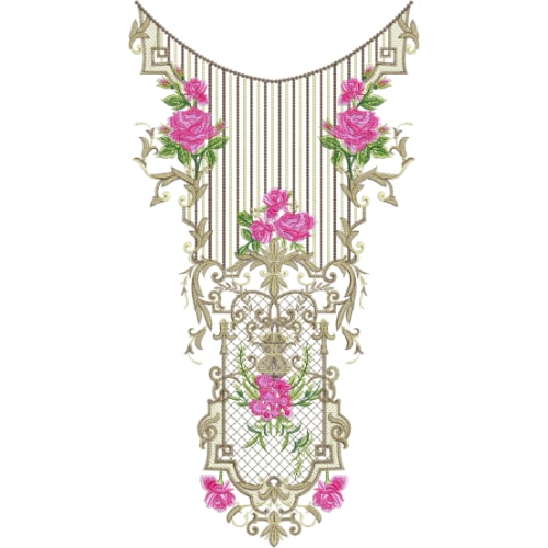 Royal Hanging Rose Neckline Embroidery Design with Vintage Ornamental Frame