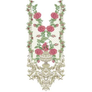 Elegant Floral Pot Neckline Embroidery Design with Pink Roses and Royal Ornamental Base