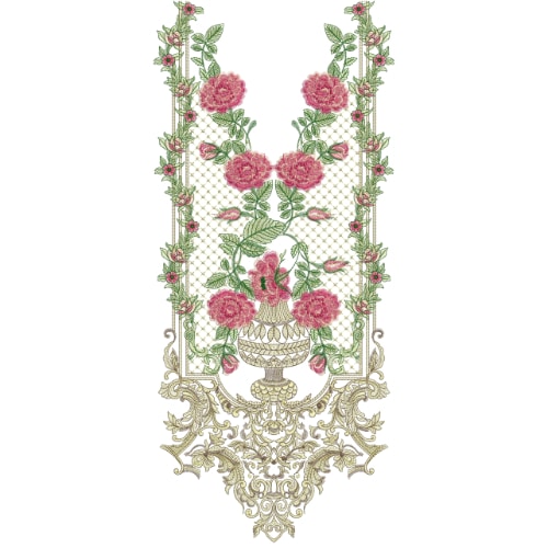 Elegant Floral Pot Neckline Embroidery Design with Pink Roses and Royal Ornamental Base