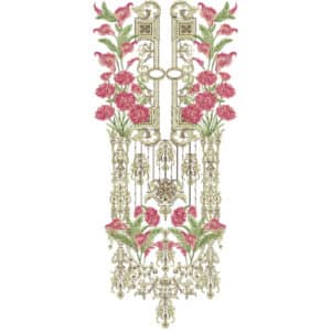 Royal Heavy Embroidered Neckline Design with Pink Floral Vines and Ornamental Hanging Detail