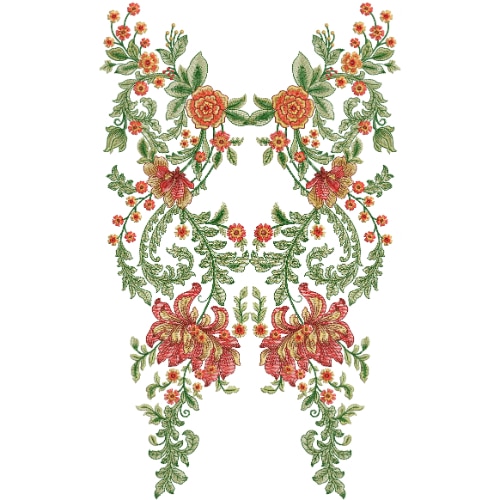 Elegant Floral Net Neckline Embroidery Design with Pink Blossom Vines and Hanging Detail