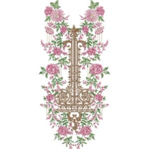 Luxury Floral Panel Neckline Embroidery Design with Pink Roses and Vintage Ornament