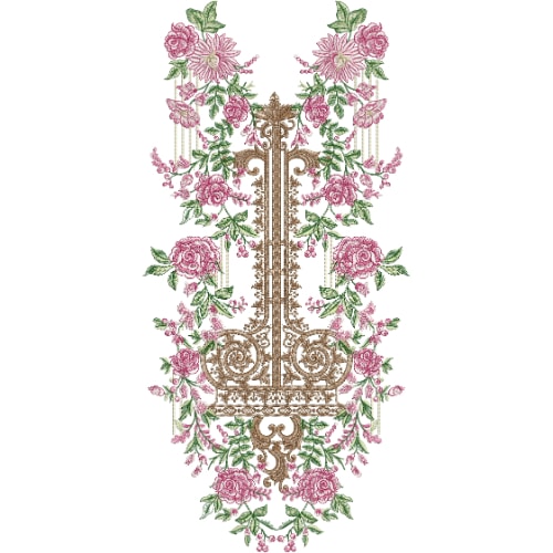 Luxury Floral Panel Neckline Embroidery Design with Pink Roses and Vintage Ornament