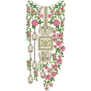 Elegant Hanging Floral Neckline Embroidery Design with Pink Blossoms and Lantern Detail