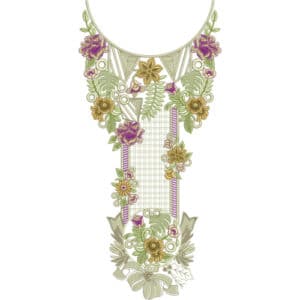 Elegant Geometric Floral Neckline Embroidery Design with Multicolor Blossom Pattern