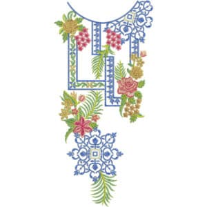 Stylish Geometric Floral Neckline Embroidery Design with Blue Ornamental Pattern