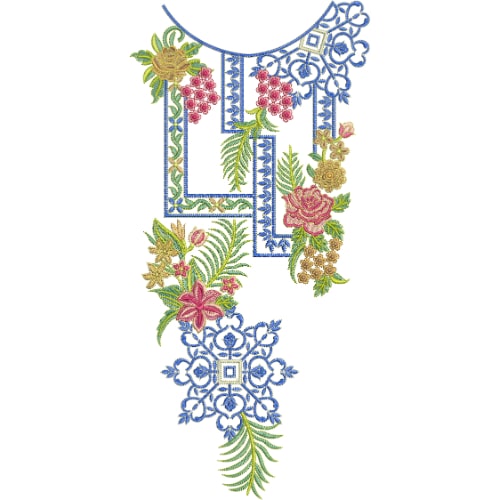 Stylish Geometric Floral Neckline Embroidery Design with Blue Ornamental Pattern