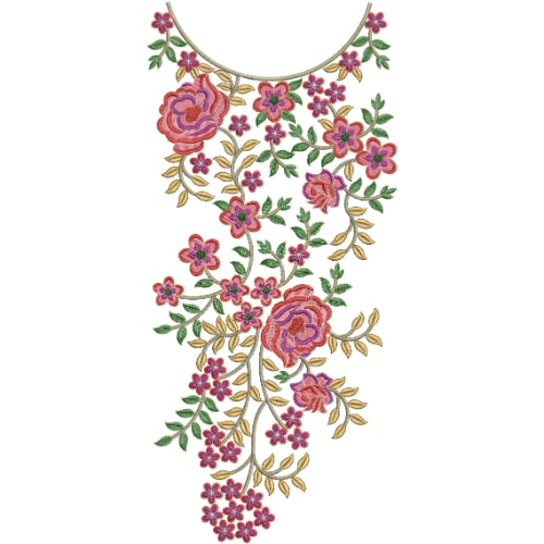 Elegant Multicolor Floral Neckline Embroidery Design with Flowing Vine Pattern