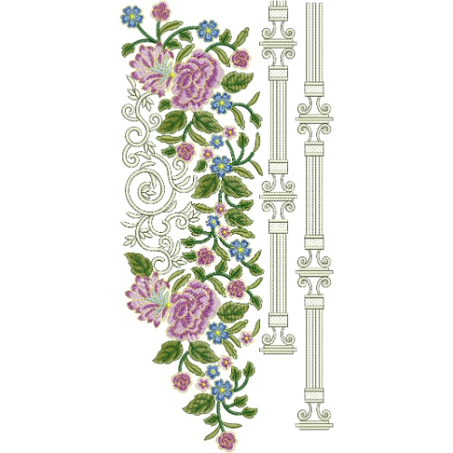 Elegant Side Floral Neckline Embroidery Design with Purple Blossoms and Pillar Pattern