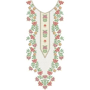 Elegant V-Shape Floral Neckline Embroidery Design with Delicate Multicolor Blossoms