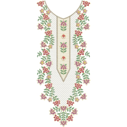 Elegant V-Shape Floral Neckline Embroidery Design with Delicate Multicolor Blossoms