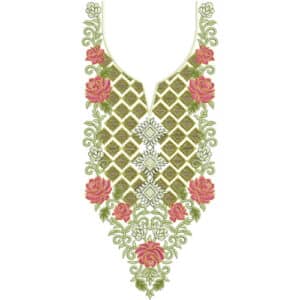 Elegant Geometric Rose Neckline Embroidery Design with Classic Diamond Pattern