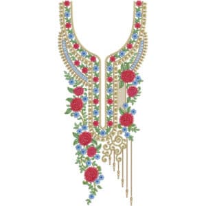 Elegant U-Shape Floral Neckline Embroidery Design with Rose Vines and Hanging Tassels