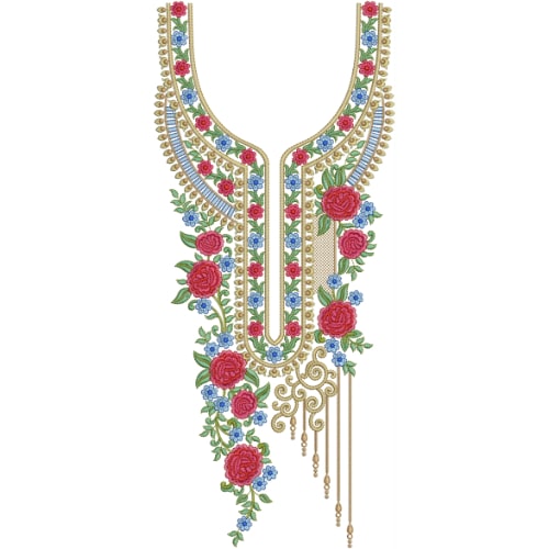Elegant U-Shape Floral Neckline Embroidery Design with Rose Vines and Hanging Tassels
