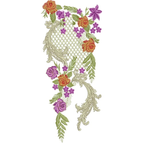 Elegant Side Floral Neckline Embroidery Design with Multicolor Roses and Ornamental Swirls