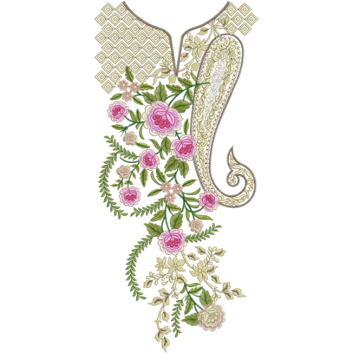 Designer Floral Paisley Neckline Embroidery with Geometric Shoulder Pattern and Elegant Rose Vine Layout