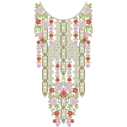 Luxury Floral Geometric Neckline Embroidery Design with Rose Motifs and Ornamental Panel Layout