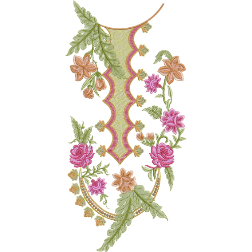 Elegant Asymmetrical Floral Neckline Embroidery Design with Scalloped Panel and Rose Motifs