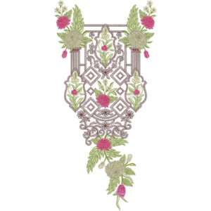 Elegant Geometric Floral Neckline Embroidery Design with Ornamental Frame and Rose Motifs