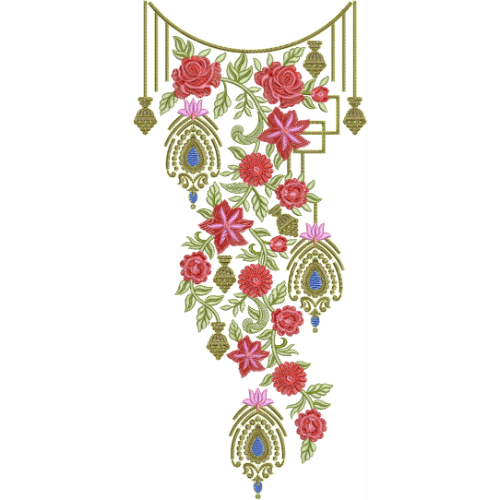 Royal Floral Jewelry Style Neckline Embroidery Design with Hanging Motifs and Rose Arrangement