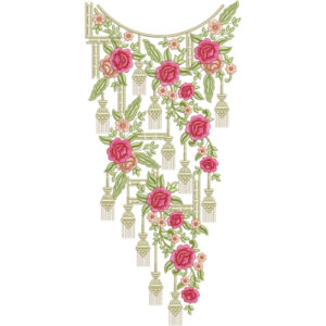 Elegant Rose Vine Neckline Embroidery Design with Decorative Hanging Tassels and Floral Arrangement