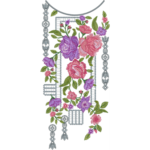 Elegant Rose Bouquet Neckline Embroidery Design with Geometric Frame and Hanging Ornaments