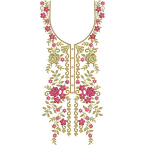 Classic Floral V-Neckline Embroidery Design with Rose Vines and Ornamental Leaf Pattern