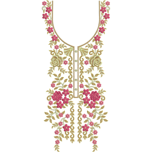 Classic Floral V-Neckline Embroidery Design with Rose Vines and Ornamental Leaf Pattern