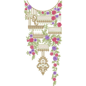 Designer Floral Ornamental Neckline Embroidery Design with Decorative Panels and Hanging Motif