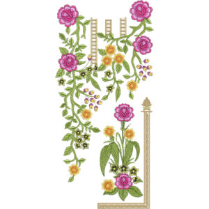 Elegant Floral Vine Neckline Embroidery Design with Rose Motifs and Decorative Border