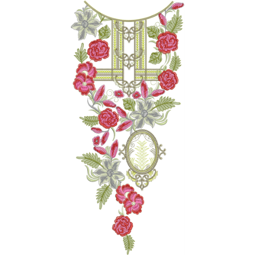 Luxury Floral Pendant Neckline Embroidery Design with Ornamental Frame and Rose Motifs