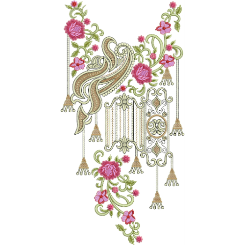 Royal Paisley Floral Neckline Embroidery Design with Hanging Tassels and Ornamental Details