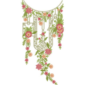 Elegant Floral Monogram Style Neckline Embroidery Design with Hanging Vine Arrangement
