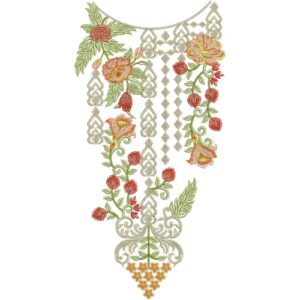 Elegant Geometric Floral Neckline Embroidery Design with Rose Vines and Hanging Motif