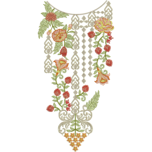 Elegant Geometric Floral Neckline Embroidery Design with Rose Vines and Hanging Motif