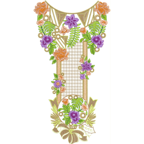 Modern Geometric Floral Neckline Embroidery Design with Tropical Leaves and Decorative Panel