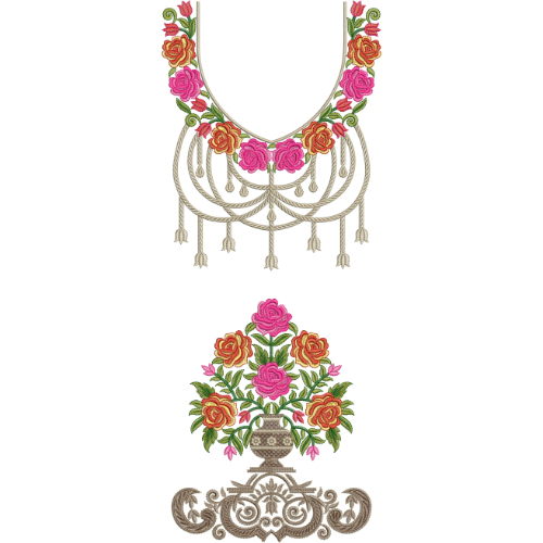 Royal Floral Jewelry Style Neckline Embroidery Design with Rose Garland and Ornamental Vase Motif