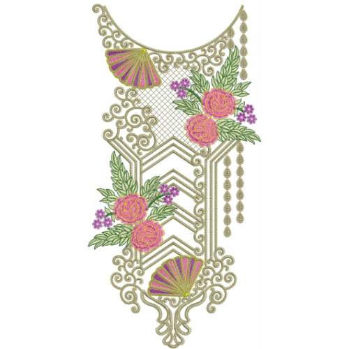 Elegant Geometric Floral Neckline Embroidery Design with Fan Motifs and Hanging Bead Details