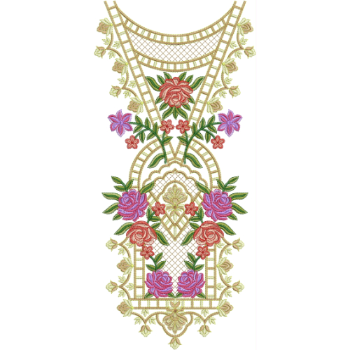 Royal Geometric Floral Neckline Embroidery Design with Arch Pattern and Rose Motifs