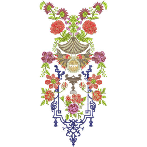 Royal Mughal Style Floral Neckline Embroidery Design with Ornamental Frame and Multicolor Flowers
